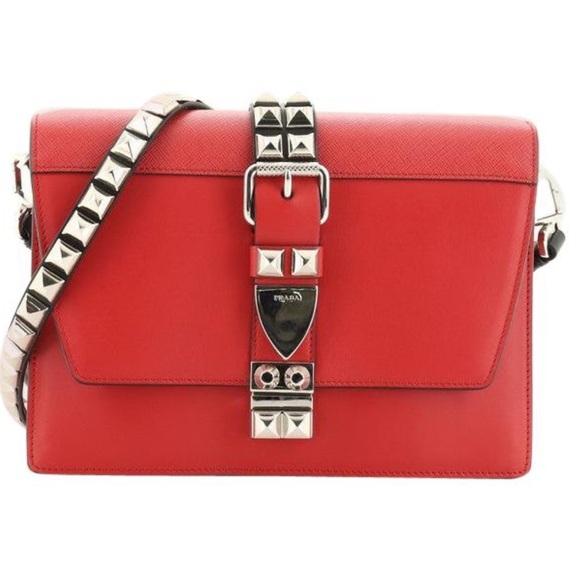PRADA Elektra Shoulder Crossbody Bag Studded Red/Black Leather - Picture 12 of 14